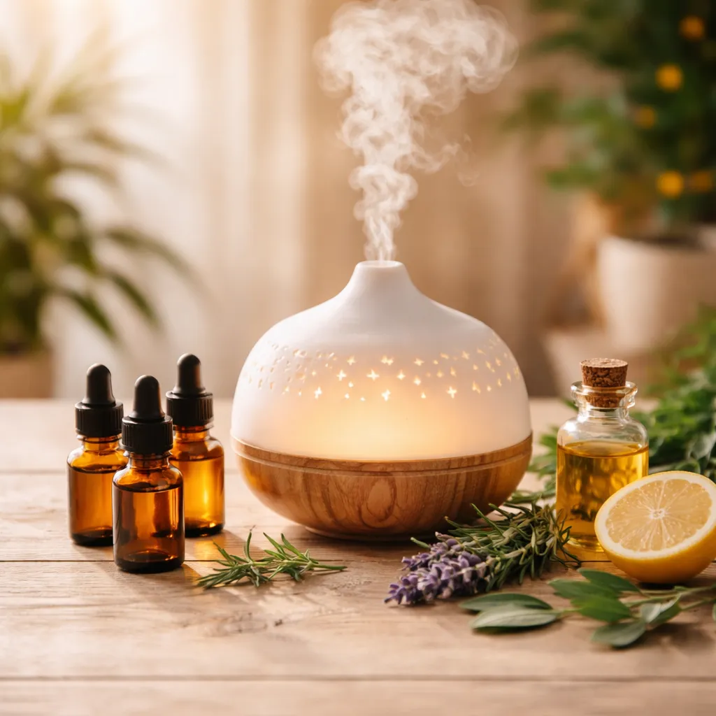 Aceites esenciales y vapor en luz natural